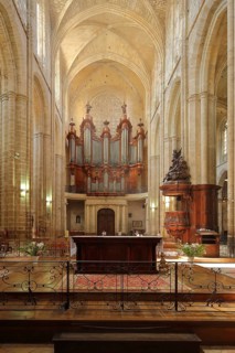 Organ and pulpit of the Gothic church, Ste-Marie-Madelein, interior view, wood carving, arts and