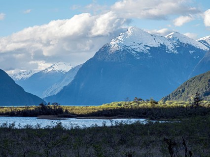 Mountain range at southern shore of Lake Lago Yelcho, along road 235 connecting Futaleufu with the