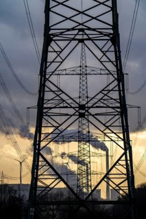 High-voltage power lines, overhead pylons, UNIPER coal-fired power plant Scholven in the