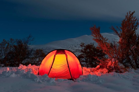 Illuminated tent on a bright moonlit night in the Doeralen valley, Rondane National Park, Oppland