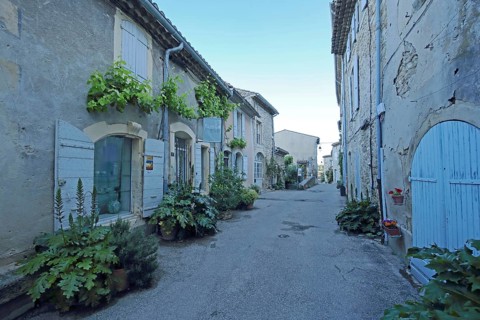 Idyllic alleyway with floral decoration and shutters, alley, blue, Grignan, Drôme, Tricastin,