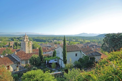 View and cityscape with spire, Rue d'Or, Grignan, Drôme, Tricastin, Provence, France, Europe