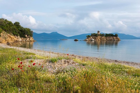 Picturesque beach with a view of an island in the calm sea, Nisiotissa beach, in the north of the