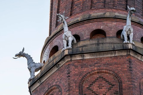 Detail of coiled industrial chimney by Carl Jacobsen, Vilhelm Dahlerup and PS Beckmann with