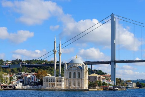 Ortakoy Mosque or Grand Mecidiye Mosque under the Bosphorus Bridge, Besiktas, Istanbul, Turkey,