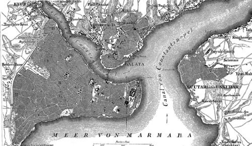 Map of Constantinople, Istanbul, and suburbs and Bosporus, Turkey, in 1880, Historical, digital