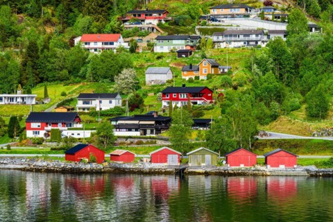 Mountains and Fjord over Norwegian Village, Olden, Innvikfjorden, Norway, Europe