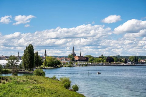 View from the Seeburg Tower in the Seeburg Park on the Swiss shore of Lake Constance to the