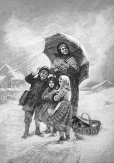 The first snow, Mother with three children and a basket with puppies is surprised by the snow in