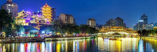 Chengdu Anshun Bridge over Jin River with pagoda panorama at night in Chengdu, China, Asia