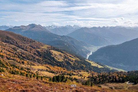 View of the mountain panorama and the Upper Inn Valley in the morning light, Krahberg on the Venet