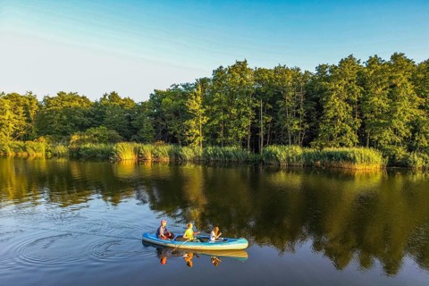 Aerial view, drone photo: Man, woman and child paddling in a canoe on the River Peene,
