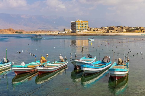 Fishing boats anchored in the harbour of Mirbat, Dhofar Province, Arabian Peninsula, Sultanate of