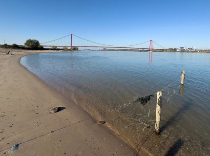View from the left bank of the Rhine, western bank of the Rhine, of an earth-anchored suspension