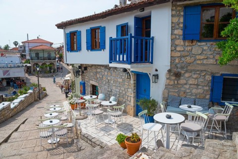Cosy Mediterranean village with stone houses and blue accents, Afytos, Afitos, Athitos, Kassandra