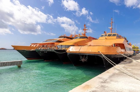 High-speed Cozumel ferry at the terminal of San Miguel de Cozumel waiting for passengers to Playa
