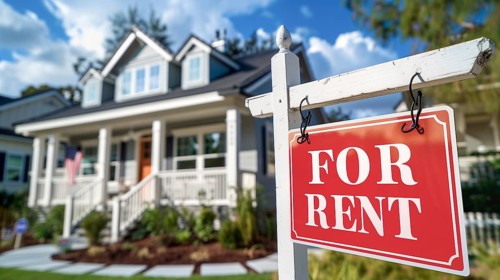 Home for rent real estate sign in front of house. generative AI, AI generated