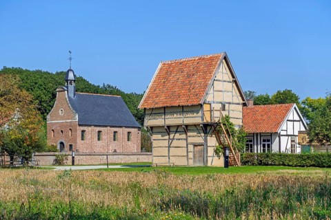 Chapel, school and 17th century spijker, granary in the recreated Hesbaye, Haspengouw village at