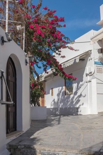 Old town alley in Lindos, way to the Acropolis, Rhodes, Dodecanese archipelago, Greek Islands,