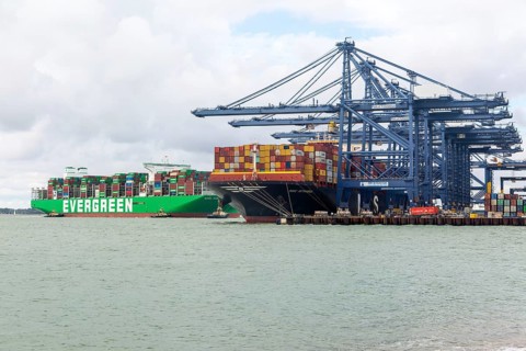 MSC Istanbul and Evergreen Ever Ace container ships, Port of Felixstowe, Suffolk, England, UK