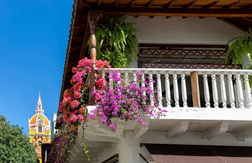 Famous colonial Cartagena Walled City, Cuidad Amurrallada, and its colorful buildings in historic