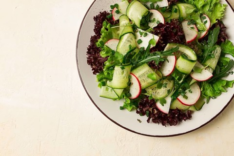 Vegetable salad, radishes and cucumbers, radish micro-greens, lettuce leaves, green onions,