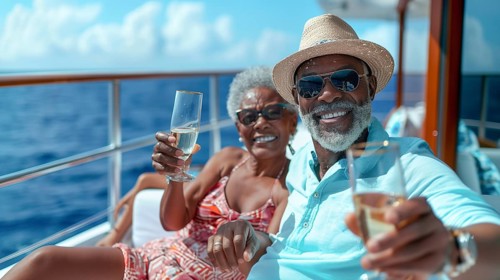 African american couple enjoying cocktails on the deck of a luxury cruise ship. generative AI, AI