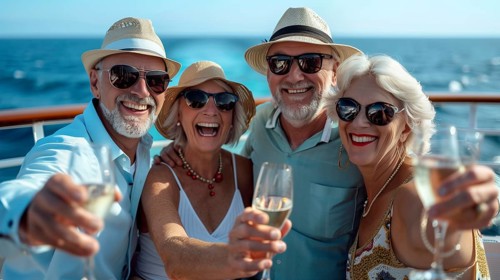 Group of friends enjoying cocktails on the deck of a luxury cruise ship. generative AI, AI