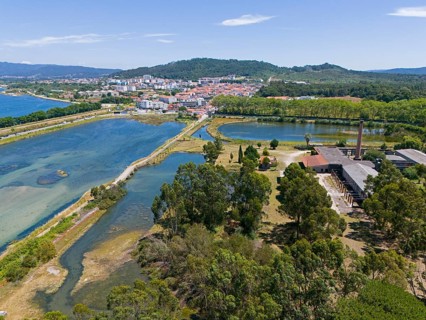 Aerial view of a peaceful natural environment with river, hills, forests and a small town in the