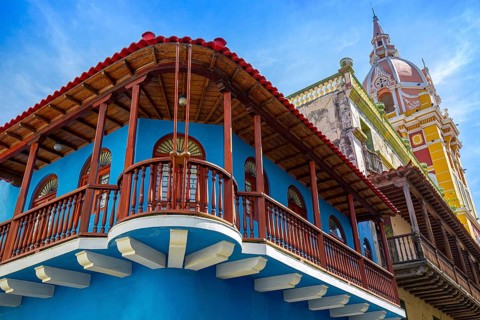 Famous colonial Cartagena Walled City (Cuidad Amurrallada) and its colorful buildings in historic