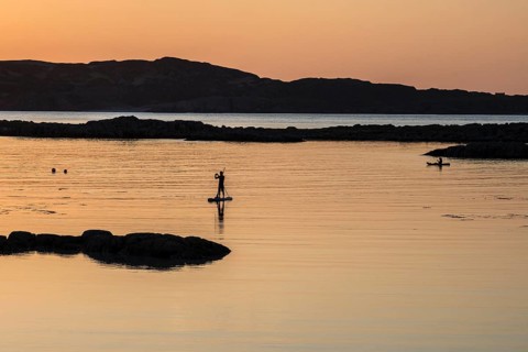 Stand up paddling, Sup, sunset, coast at Fidden, Isle of Mull, Scotland, United Kingdom, Europe