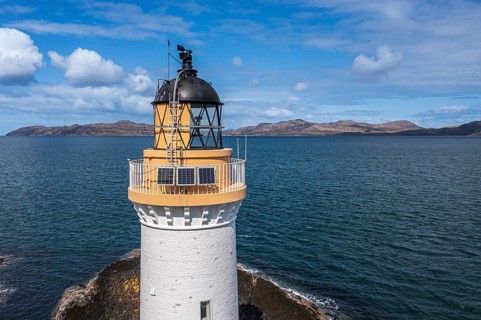 Aerial view of Tobermory lighthouse, Isle of Mull, Scotland, UK