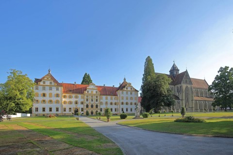 Monastery church and baroque castle with baroque garden, Minster, Monastery, Castle, Salem, Lake
