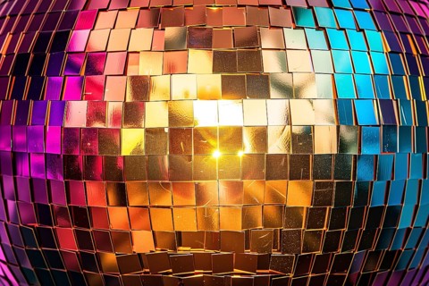 A disco ball is suspended from the ceiling at party in nightclub, reflecting the lights and