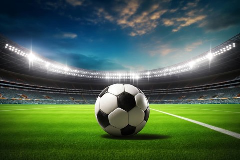 A soccer ball on a green field in soccer football stadium in evening with floodlights lights, AI