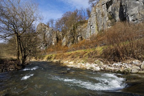 The river Hönne in front of the seven virgins in spring, Hönnetal, Balve, Märkisches Sauerland,