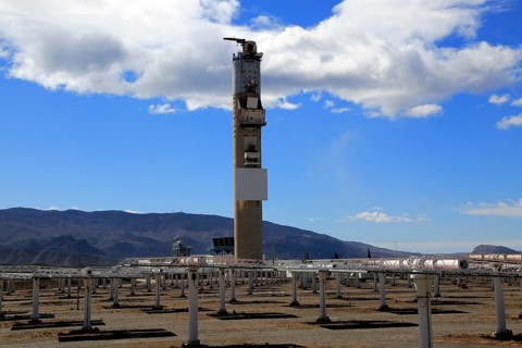 Heliostats and central receiver CESA-1 Tower at solar energy scientific research centre, Tabernas,