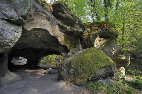 The Hohllay cave showing grooves and circles in the sandstone rock from carving millstones,