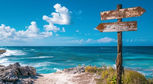 Sign pointing to the direction of vacation destination with scenic beach and ocean, AI generated