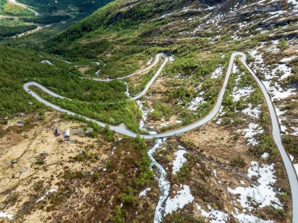 Serpentines of the Gaularfjell mountain crossing, aerial view, national tourist route north of