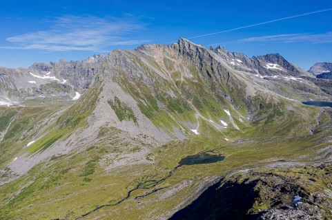 Aerial view of a glacial, u-shaped valley, above Urke at the Hjørundfjord, Norway, Europe
