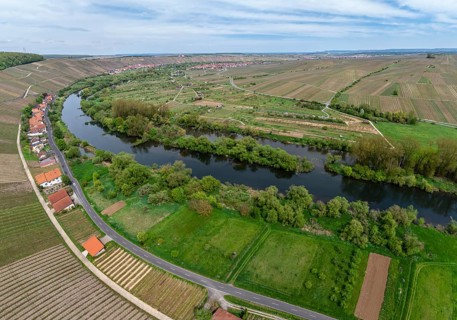 Aerial view of vineyards on the Volkacher Mainschleife, village Köhler, town of Volkach, district