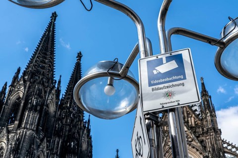 Video surveillance by the police, at Cologne Cathedral, signpost Cologne, Roncalliplatz, Germany,