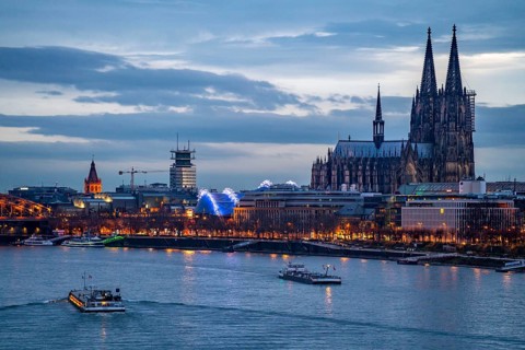 Skyline of Cologne, with the cathedral, Musical Dome theatre, on the Rhine, North Rhine-Westphalia,