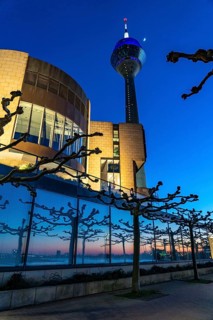 Rhine Tower, evening, state parliament building, North Rhine-Westphalia state parliament, sunset