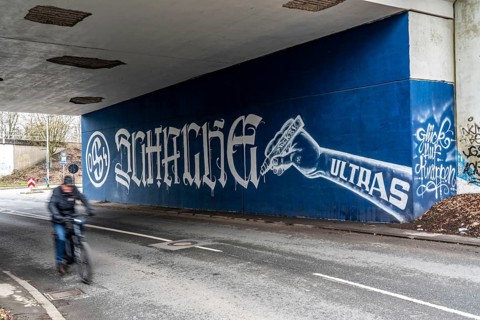 Wall murals, fan paintings of the Bundesliga club FC Schalke 04, at the Schalke stadium, Veltins