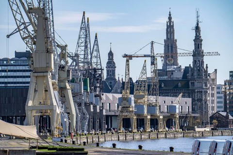 Harbour cranes on the Scheldekai, the world's largest collection of historic cranes, are part of