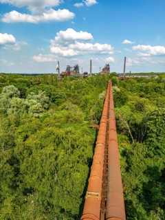 The Duisburg Nord Landscape Park, double blast furnace gas pipeline from the west View across the