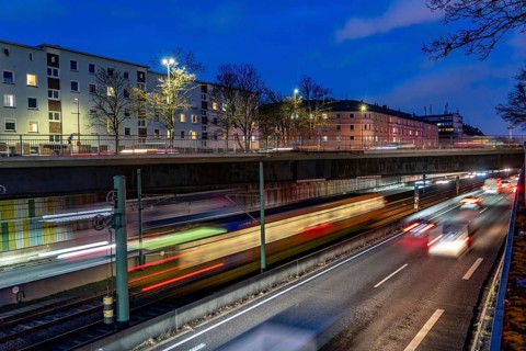 The Hausackerbrücke, inner-city road bridge over the A40 motorway and the U18 light rail line,