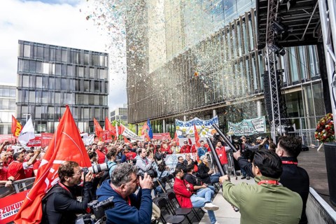Demonstration by many thousands of steelworkers in front of the ThyssenKrupp headquarters in Essen